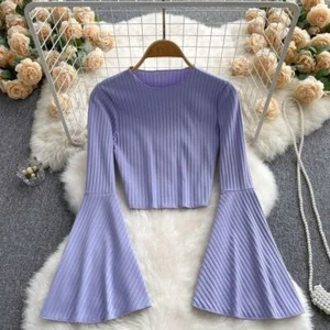 Camicetta pullover donna tinta unita svasata manica lunga cropped top camicia danza chic - Foto 1 di 9