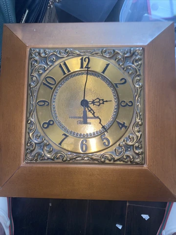 Vintage Mid Century GE Telechron Maple Wood Wall Clock Works. brass wood Cover