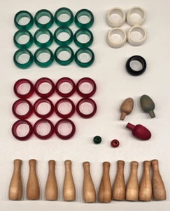 43 pc Vtg Carrom Game Pieces Plastic Wood Parts Rings Pins Red Green Replacement - Picture 1 of 15