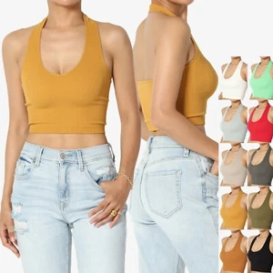 TheMogan Basic Solid Halter Seamless Ribbed Stretch Crop Cami Tank Top - Picture 1 of 68