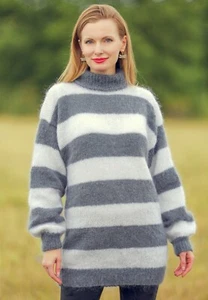 Grey white striped mohair sweater fuzzy hand knitted pullover SUPERTANYA - Picture 1 of 5