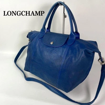 Longchamp Hand Shoulder Bag Tote Purse 2way Le Pliage Leather Blue Authentic - Image 1 of 4