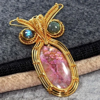 Cobalt Calcite Fiery Labradorite Golden Wire-Wrapped Pendant 2.7" Aesthetic GW - Image 1 of 3