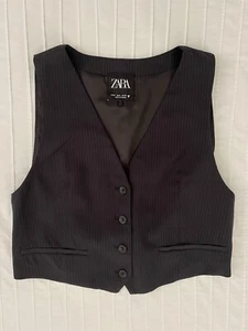 ZARA WOMEN VEST STRIPED BUTTON-FRONT Navy Blue Size Medium - Picture 1 of 8
