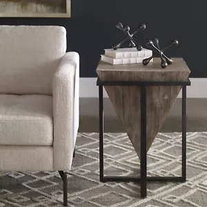 BERTRAND AGED FIR WOOD with AGED BLACK IRON BASE ACCENT TABLE - Uttermost 24864 - Picture 1 of 6