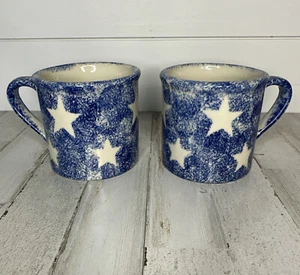Hartstone Pottery 1982 Blue White Stars Hand Painted Mug Cup SET OF 2 - Picture 1 of 4