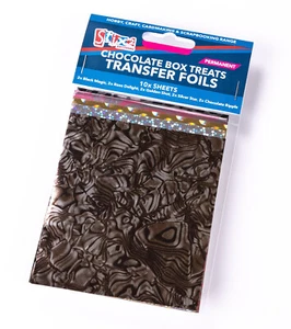 10 HOJAS LÁMINAS DE TRANSFERENCIA CAJA CHOCOLATE GOLOSINAS COLORES ORO PLATA STIX 2 S57368 - Imagen 1 de 5