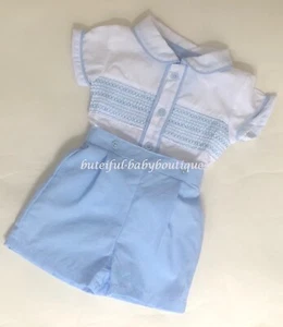 Baby Boys Blue & White Smocked Shirt & Shorts Spanish Style Outfit 6-9M - Picture 1 of 4