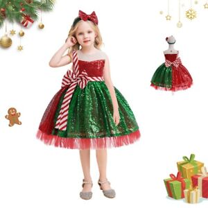 Baby Toddler Girls Xmas Striped Bow Dress Shiny Sequin Christmas Cosplay Costume