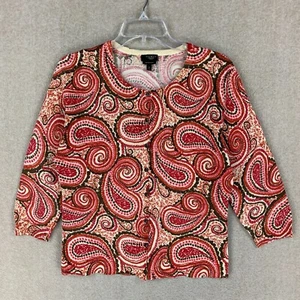 Talbots Damen Pullover M Merinowolle rosa rot Paisley Cardigan Strick Rundhals - Bild 1 von 15