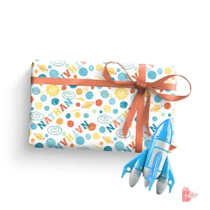 Name Personalized Wrapping Paper with Adorable Planets Space Birthday Gift Wrap - Picture 1 of 4