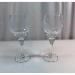 Vintage Wine Glass Etched With Grape Leaves & Vines Set Of 2 Goblet Fall Stem - Picture 1 of 8