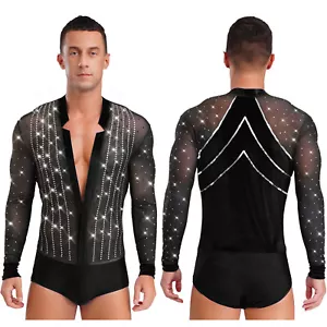 Men Leotard Jazz Costume Sheer Mesh Dancewear Shiny Bodysuit Ballroom Latin - Picture 1 of 58