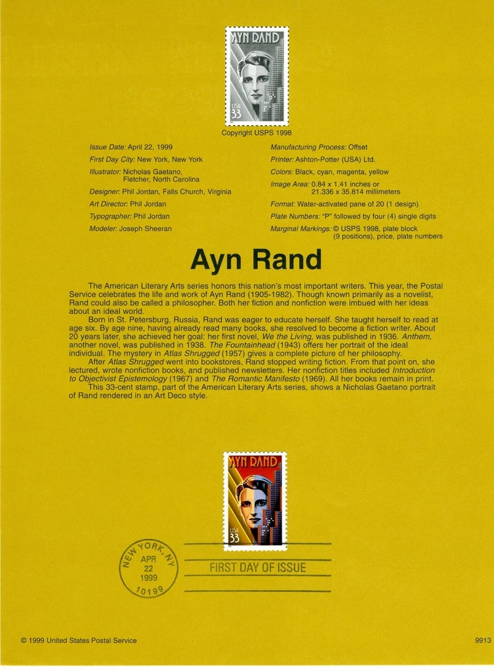 1999 USPS Souvenir 33¢  AYN RAND #9913 w/Watermark Archival - Image 1 of 1