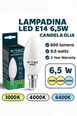 Lampadina LED V-TAC PRO E14 6,5W Candela Oliva 600lm 3000K 4000K 6400K