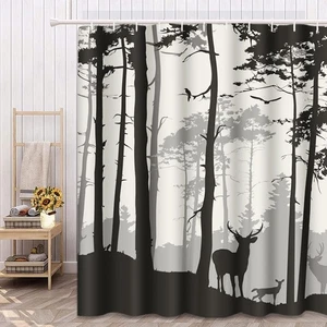 Decorative Shower Curtain Silhouette of Pine Forest Family Deer and Birds Bro... - Foto 1 di 5