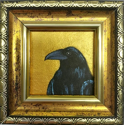 Crow Painting Bird Oil Original Art Raven Wall Art Golden Framed Artwork  2x2 in - Image 1 of 4