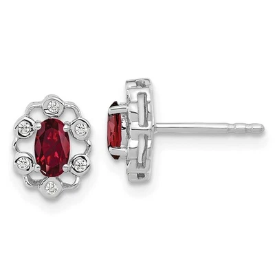 14k White Gold 1/20 Ct Lab Grown Diamond and Lab Created Ruby Halo Stud Earrings - Image 1 of 4