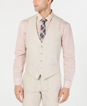 Bar III Men's Beige Slim-fit 4 Button Linen Solid Dress Vest Waistcoat L
