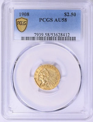 1908 INDIAN HEAD $2.5 QUARTER EAGLE GOLD PCGS AU58 - Image 1 of 3