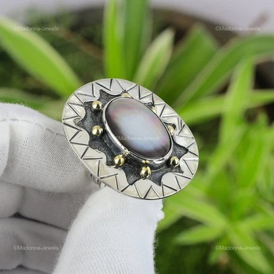 Sterling Silver Oval Mother Of Pearl Gemstone June Stackable Ring Jewelry US 8.5 - Image 1 of 4