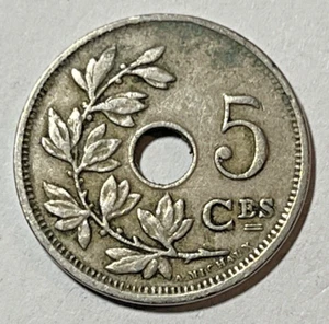 1920 Belgium 5 centimes Coin Center Hole Flanked by Olive Sprig Europe - Picture 1 of 2