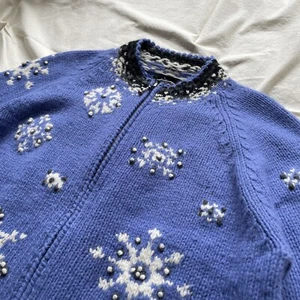 Y2K Icelandic Women's Sweater Lambswool Angora Sweater Snowflake Cardigan jacket - Picture 1 of 5