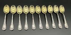 Set Of 10 Sterling Silver Demitasse Spoons Chrysanthemum Pattern By Durgin - Picture 1 of 12
