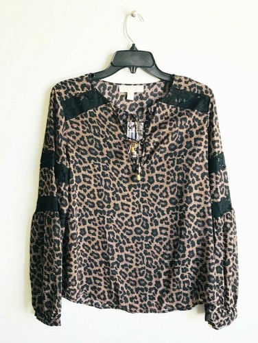 Top donna Michael Kors nuovo con etichette stampa leopardata nappa cravatta scollo a V manica pizzo XS S M