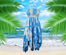 Womens Summer Travel Dresses, Blue Boho Beach Dress, Halter Dresses, Printed S/M