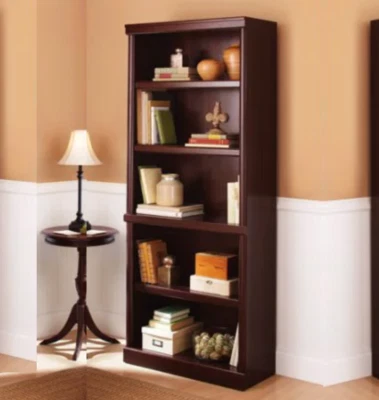 Cherry Finish 5 Shelf Bookcase Wooden Bookshelf Adjustable Shelves Storage Home - Image 1 of 4