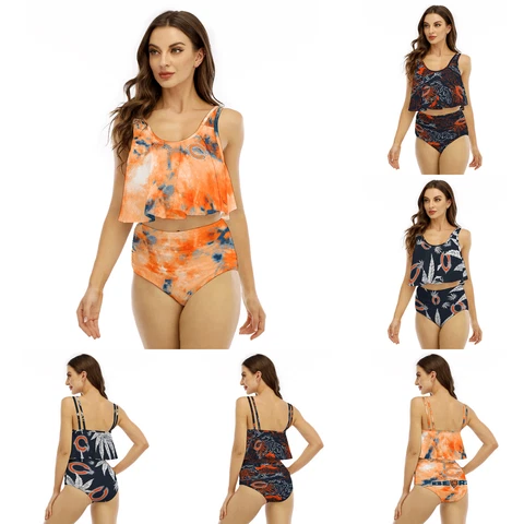 Chicago Bears Ladies 2PCS Ruffled Tank Swimsuit High Waist Bikini Bathing Suit Cover