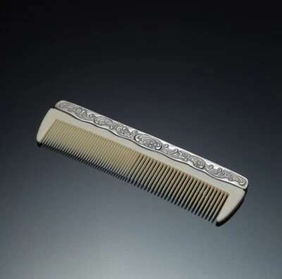 Victorian Style 1940s Cream Colored Lucite Hair Comb with Silver Plated Over Lay - Image 1 of 3