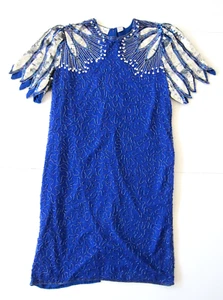 Laurence Kazar 100% Silk Blue Silver Beaded Sequin Short Sleeve Tunic Dress 1X - Picture 1 of 10