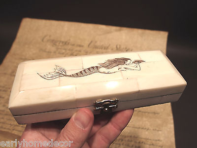 Antique Style Mermaid Scrimshaw Etched Bone & Wood Trinket Stamp Jewelry Box • 31.98$