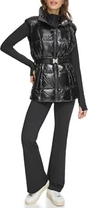 DKNY Sport Women's Black Performance Belted Wet Sire Puffer Vest Size Small - Picture 1 of 9