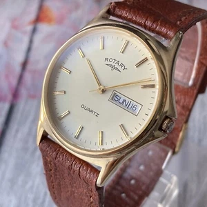 Rotary Watch Mens Vintage Swiss Made 1980s Day Date Gold Plated 35mm Case - Picture 1 of 11
