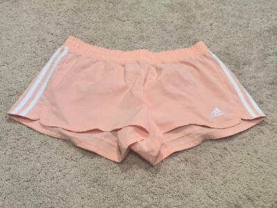 Adidas Women' Short Size Large Orange Striped Logo Athletic Shorts  - Image 1 of 4