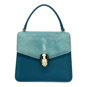 Auth BVLGARI Serpenti Forever 285184 Blue Light Blue Leather Garusha Skin - - Picture 1 of 20