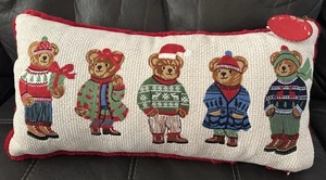 Ralph Lauren Inspired Christmas Bear Pillow Embroidered Red Trim 14 x 28 Novelty - Picture 1 of 8