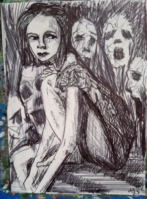Baggage Demons Behind Her Ink Pen ACEO ATC OOAK ORIGINAL 3.5 x 2.5 inches - Image 1 of 4