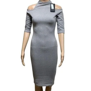 AX Paris Womens Bodycon Dress Cold Shoulder Ribbed Knit Gray Silver Size 8 - Picture 1 of 7