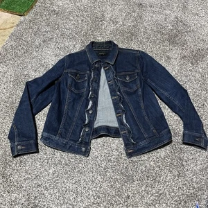 TALBOTS Petites Denim Jean Jacket Ruffle Front Dark Blue Wash Size PM Medium - Picture 1 of 7