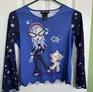No Boundaries Blue Star Long Sleeve Top, Fits Adult Size XS-S, Girl And Cat - Picture 1 of 6