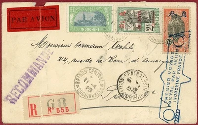 Indochina 1929, 3,25 pi en cubierta de correo aéreo registrado de primer vuelo, Saigón a París Foto 1 de 2