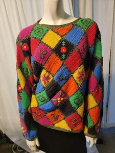 Suéter De Colección Jennifer Reed Brillante Colorido Patchwork Tejido a Mano Hecho en Hong Kong - Imagen 1 de 11