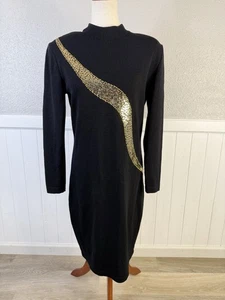 St John Evening Black Gold Sequin Long Sleeve Short Sweater Womens Dress Sz 10 - Picture 1 of 13