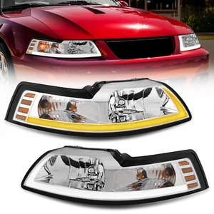 Pair Chrome Headlight W/LED DRL Sequential Turn Light For 1999-2004 Ford Mustang - Picture 1 of 13
