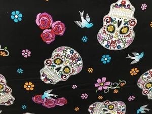 Black Floral Sugar skull day Of The dead Cotton Glitter Fabric, 45"wide, BT yard - Picture 1 of 6