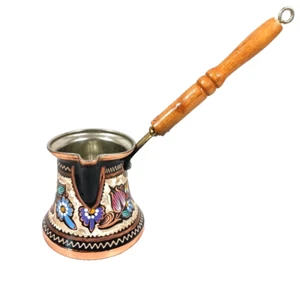 Turkish Floral Enamel Painted Copper Cased Coffee Pot Wooden Handle - Picture 1 of 10